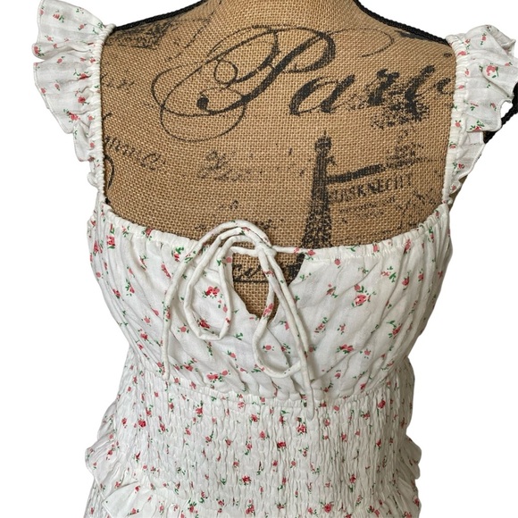 Mable New White Floral Romantic Smocked Ruched Mini Dress Size Large NWT - Picture 7 of 13